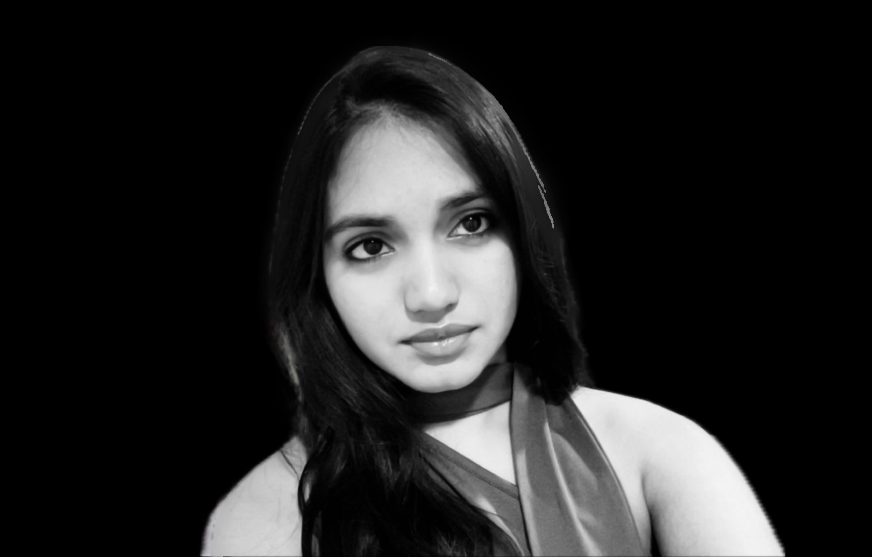 Black and white portrait of Freya Shah
